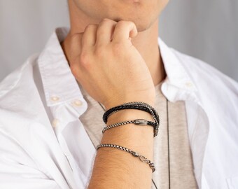 Leather Cord Men Bracelet Wrap Black Round Box Chain