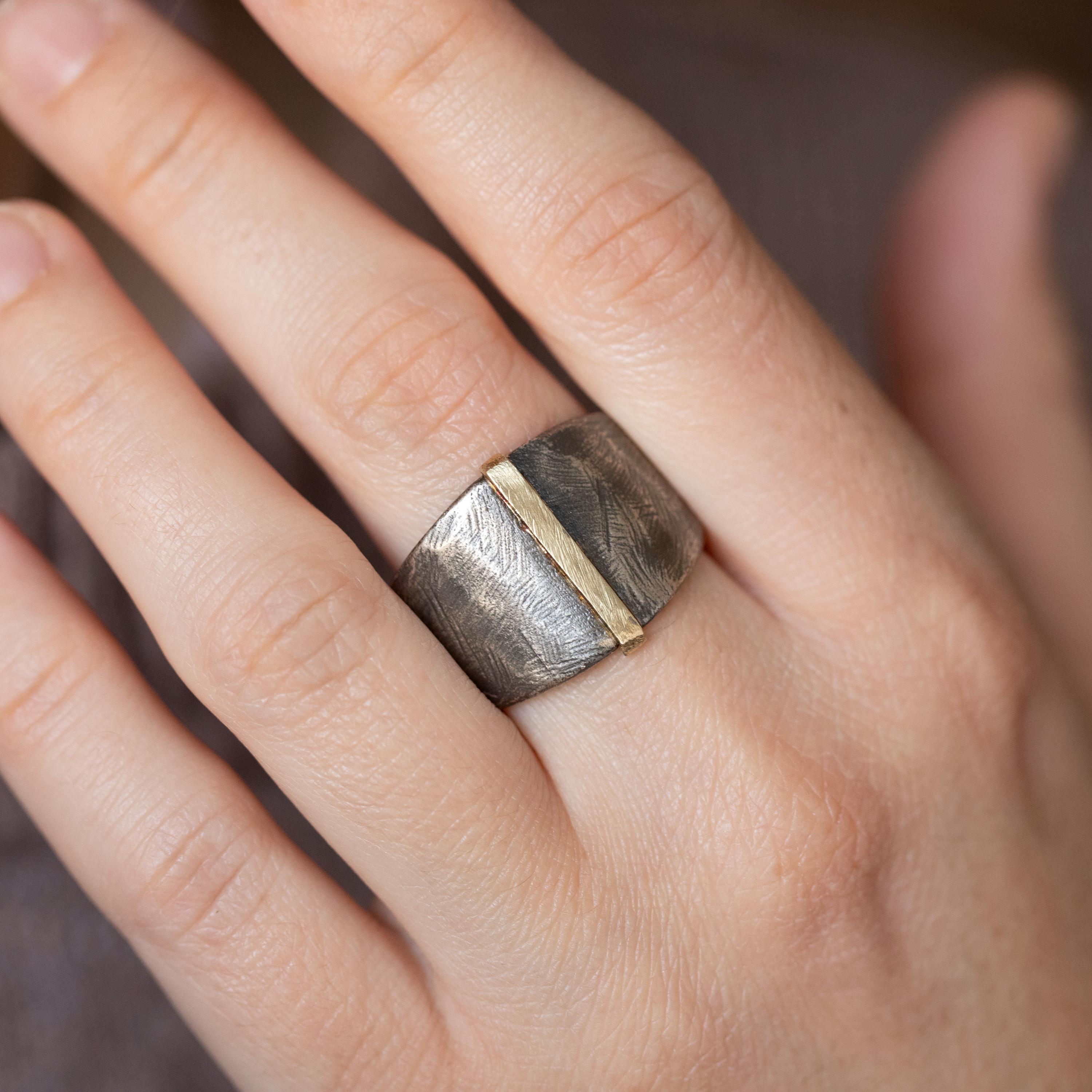 Men Signet Ring Brutalist 14K Gold Bar Sterling Silver Industrial…