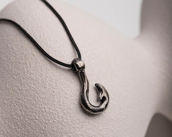 Fishhook Necklace Men Sterling Silver 925 Black Oxidized - Nautical Hook Pendant Long - Birthday Gift for Him - SN00149