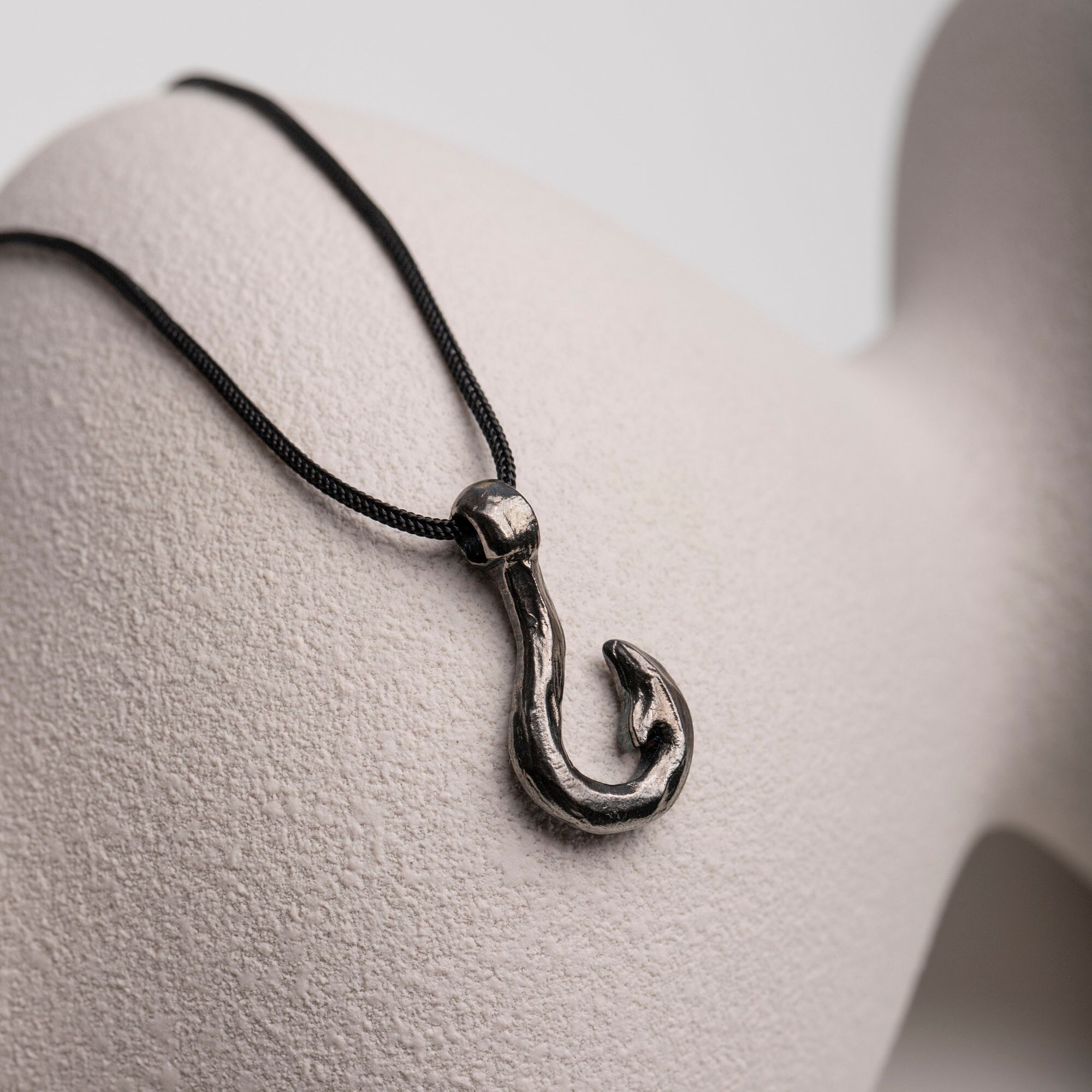 Fishhook Necklace Men Sterling Silver 925 Black Oxidized Nautical