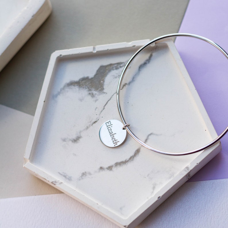 Disc Charm Bracelet Sterling Silver Personalized Name Bangle Bracelet Mothers Day Gift SB1024 Name Jewelry Custom Gift for Mom