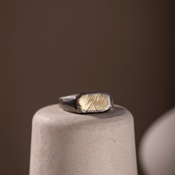 Signet Ring Men 14K Gold Oxidized Silver - Flat Top Pinky Ring