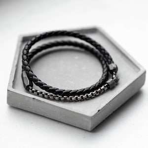Leren koord heren armband wikkel zwarte ronde doosketting sterlingzilver geoxideerd - Verjaardagscadeau voor vriend - SB00008