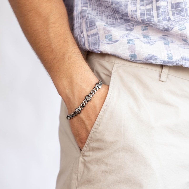 Wide unique handmade chain bracelet for men in oxidized sterling silver 925