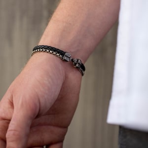 Oxidized sterling silver chain bracelet with black leather