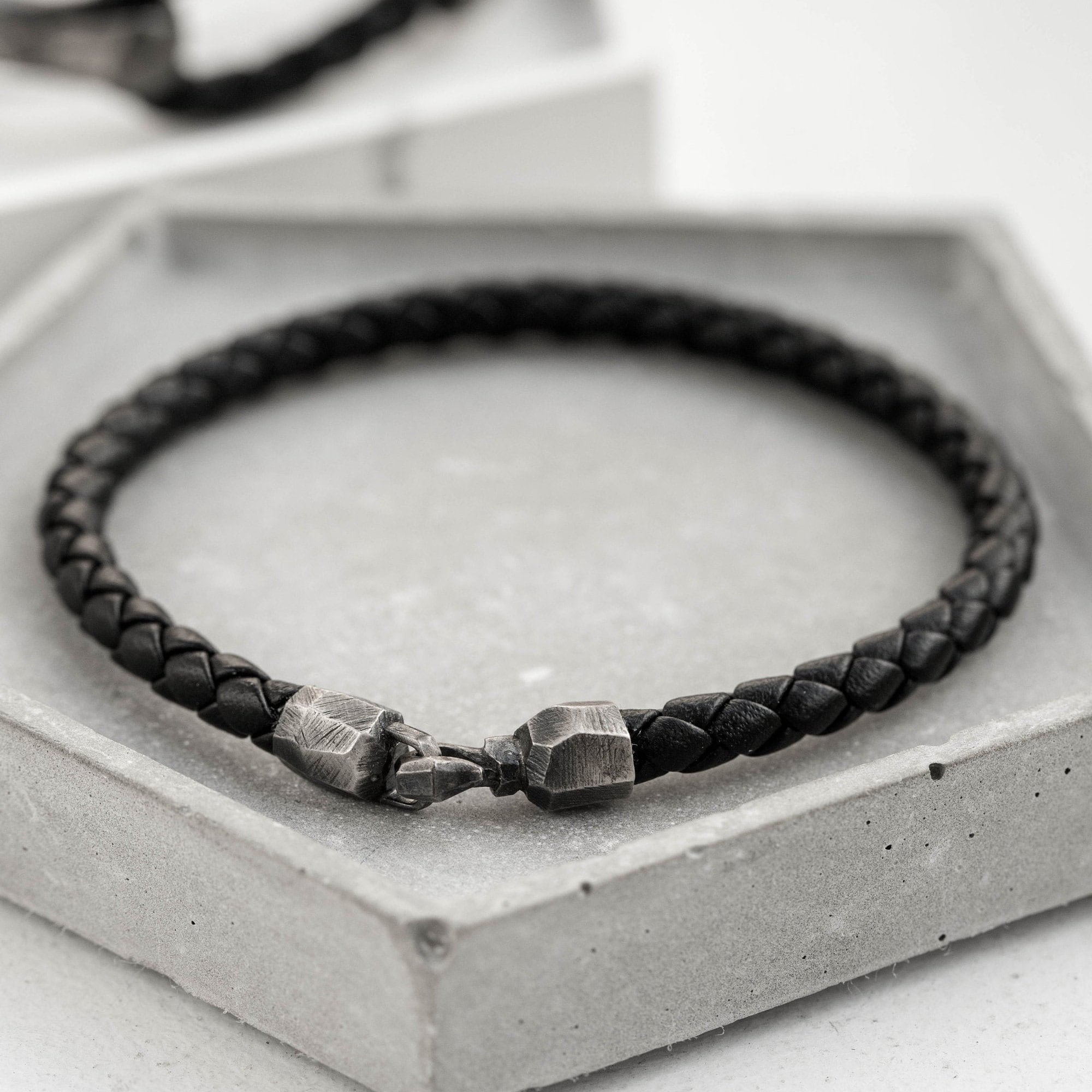 Simple Men Bracelet Silver Oxidized - Black Leather Cord Braided Sterling Silver Handmade Hook Clasp - Birthday Gift for Him SB00012