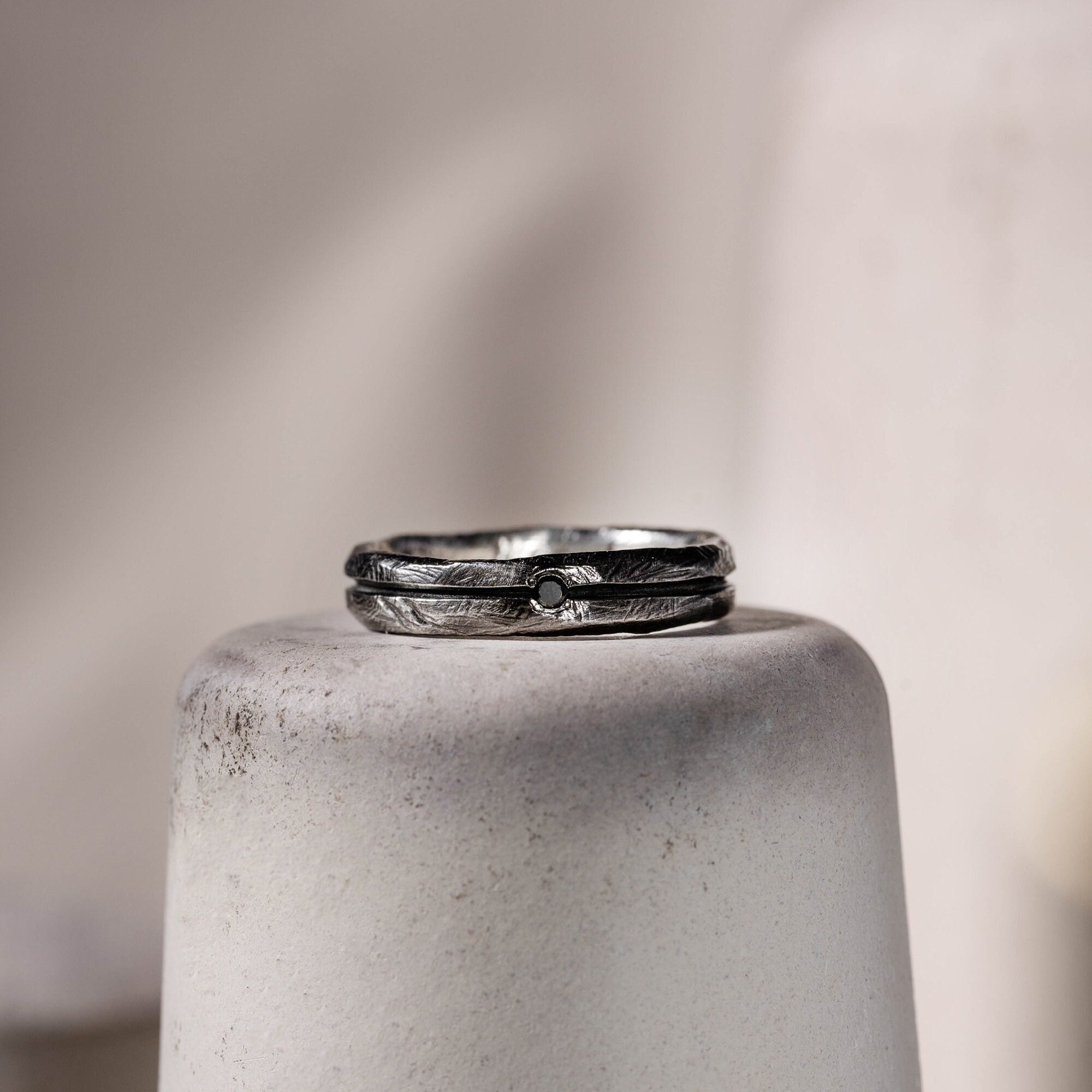 Men Ring Black Diamond Oxidized Silver Brutalist or Ruby - Men's Jewelry - Raw Wedding Band - July Birthday Gift for Him SR00071