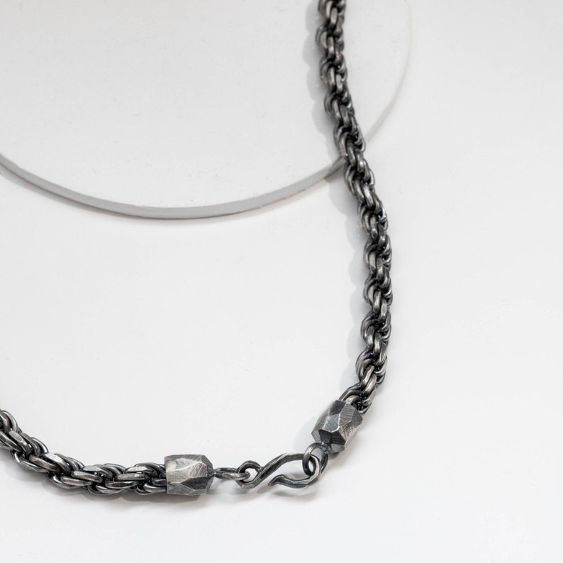 Wide rope chain necklace in oxidized sterling silver, crafted with a handmade hook closure
