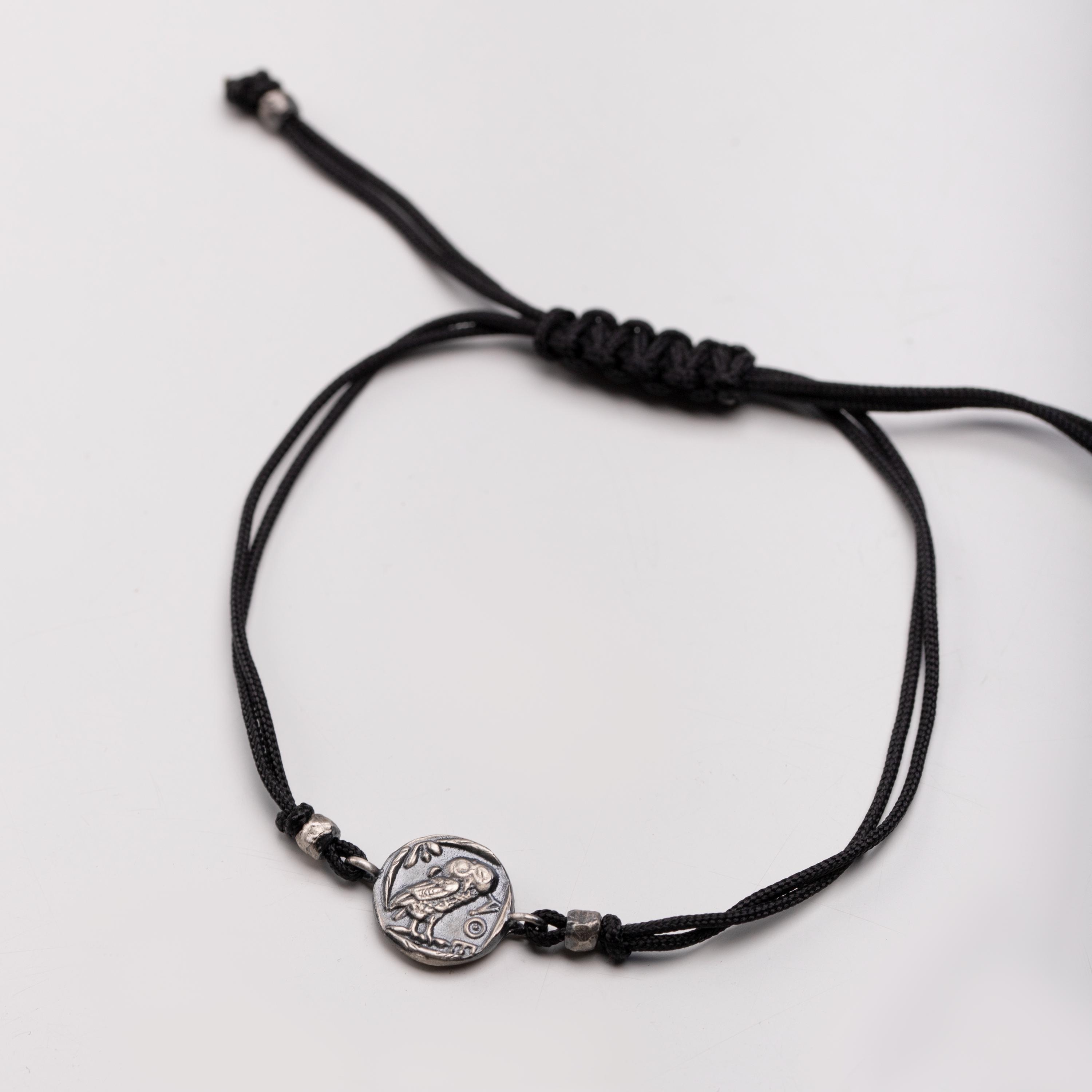 Athena Owl Bracelet Sterling Silver 925 Oxidized Macrame Cord Jewelry – Minimalist Wisdom Tali