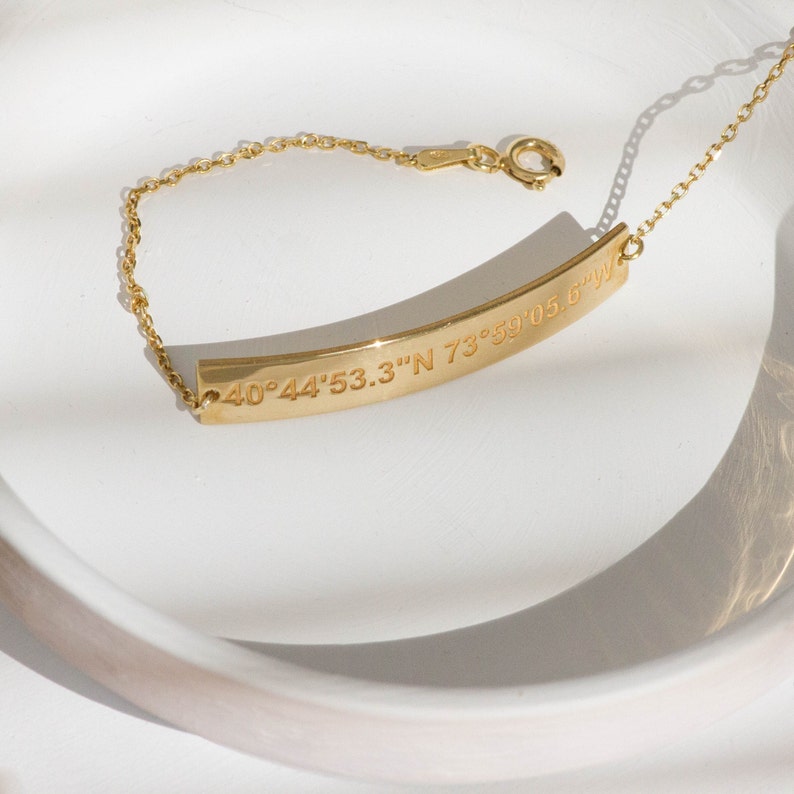Coordinates Bracelet Gold Engraved Bar Location ID Custom Personalized ...