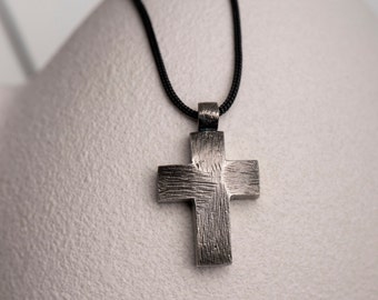 Men Cross Pendant Necklace Oxidized Sterling Silver - Black Cord Mens Necklace - Birthday Gift for Husband - SN00142