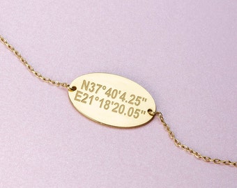 Coordinates Bracelet Custom Engraved Gold Plated Personalized GPS Location Sterling Silver Oval Disc Nameplate Birthday Gift -  SB00005