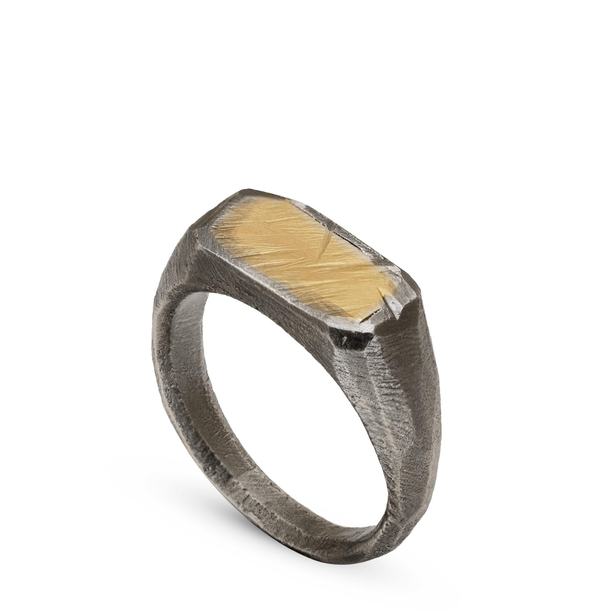 Signet Ring Men 14K Gold Oxidized Silver - Flat Top Pinky Ring