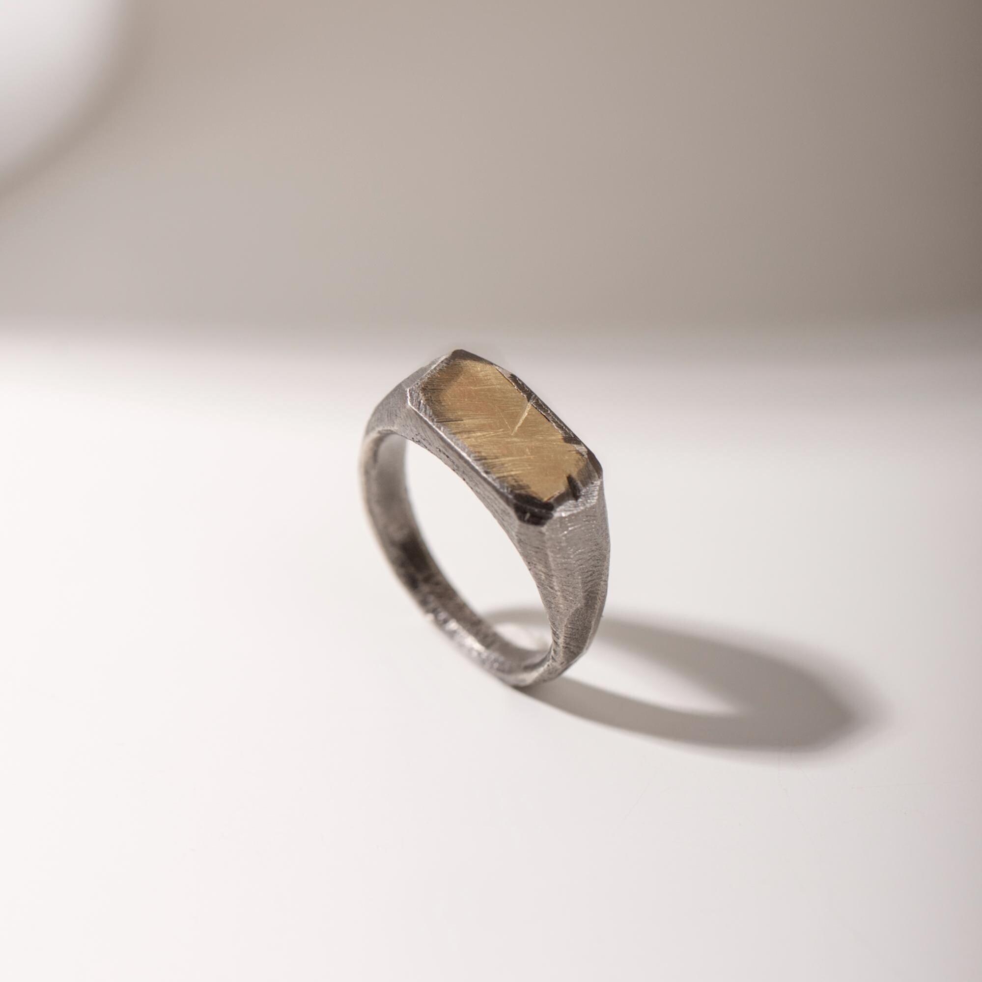Signet Ring Men 14K Gold Oxidized Silver - Flat Top Pinky Ring