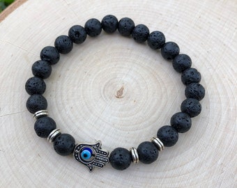 Lava Stone Diffuser Bracelet, Hamsa Hand Jewelry, Lava Stone Diffuser, Essential Oils, Aromatherapy, Evil Eye Bracelet, Lava Diffuser