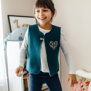 Petrol blue girls wool vest fully lined, warm winter wool walk waistcoat, handmade floral heart embroidery, personalized gift image 1