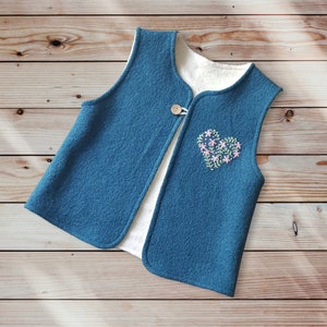 Petrol blue girls wool vest fully lined, warm winter wool walk waistcoat, handmade floral heart embroidery, personalized gift image 3