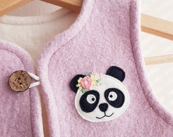 Gilet de promenade en laine mignon pour enfants avec une application en feutre de panda, gilet en laine vierge rose, broderie animale, cadeau personnalisé sur mesure