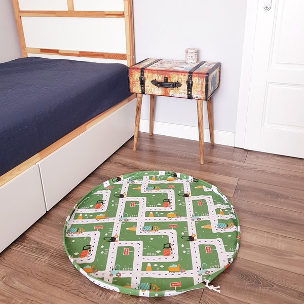 Round Play Mat - Travel Toy - Mini Car Rug For Hotwheels / Matchbox - Drawstring Round Carpet - Playmat Bag - Toy Storage - Gift For a Boy