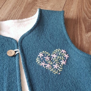 Petrol blue girls wool vest fully lined, warm winter wool walk waistcoat, handmade floral heart embroidery, personalized gift image 5