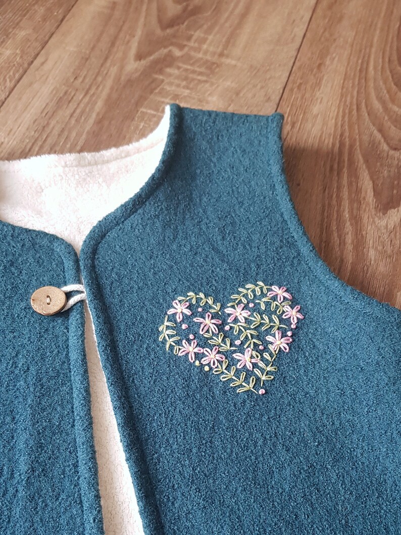 Petrol blue girls wool vest fully lined, warm winter wool walk waistcoat, handmade floral heart embroidery, personalized gift image 5