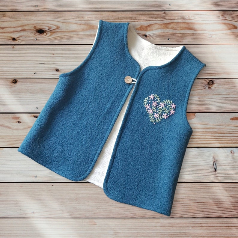 Petrol blue girls wool vest fully lined, warm winter wool walk waistcoat, handmade floral heart embroidery, personalized gift image 3