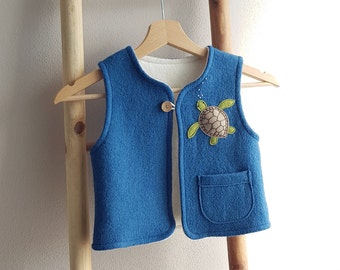100% Wool Vest For Children, Virgin Wool Waistcoat in Blue color, Felt Applique Turtle, Animal Embroidery, Custom Made Personalized Gift