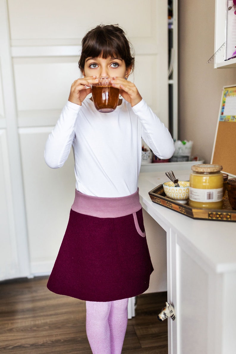 Jupe Fille Bordeaux Laine Chaude avec poche latérale et taille élastique, jupe printemps, automne, hiver en laine 100% bouillie, taille 80-152 image 5