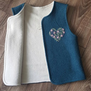 Petrol blue girls wool vest fully lined, warm winter wool walk waistcoat, handmade floral heart embroidery, personalized gift image 4