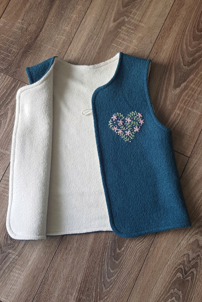 Petrol blue girls wool vest fully lined, warm winter wool walk waistcoat, handmade floral heart embroidery, personalized gift image 4