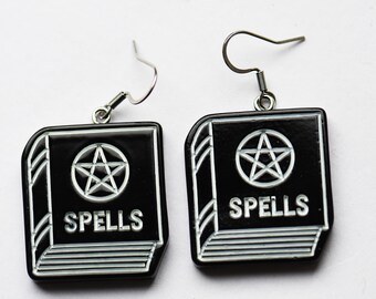 Gothic witch spell book earrings on stainless steel earwires