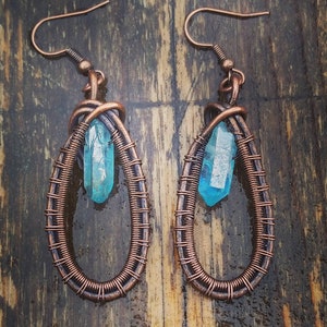 Copper wire wrapped light blue quartz crystal earrings