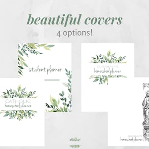 Op de afbeelding: Vier afdrukbare planner-kaften met een groen aquarel-bladontwerp. De kaften omvatten "student planner", "our family's homeschool planner", "catholic homeschool planner" en "our family's homeschool planner" met een zwart-witte illustratie van een religieuze figuur.