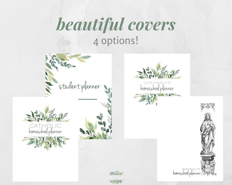 Op de afbeelding: Vier afdrukbare planner-kaften met een groen aquarel-bladontwerp. De kaften omvatten "student planner", "our family's homeschool planner", "catholic homeschool planner" en "our family's homeschool planner" met een zwart-witte illustratie van een religieuze figuur.