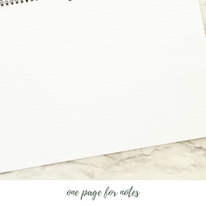 May include: A white, lined notepad with a spiral binding at the top. The notepad is open, displaying a blank page with horizontal lines. The words "one page for notes" are written in a script font at the bottom of the page.