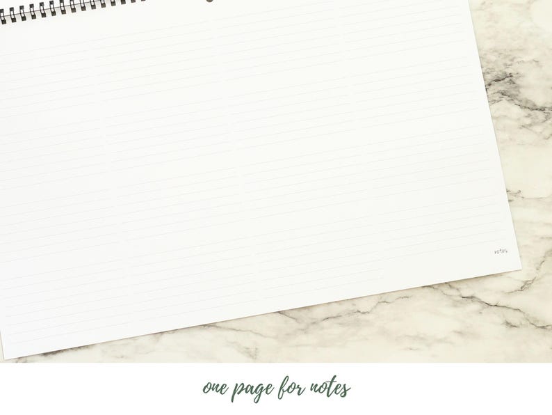 May include: A white, lined notepad with a spiral binding at the top. The notepad is open, displaying a blank page with horizontal lines. The words "one page for notes" are written in a script font at the bottom of the page.