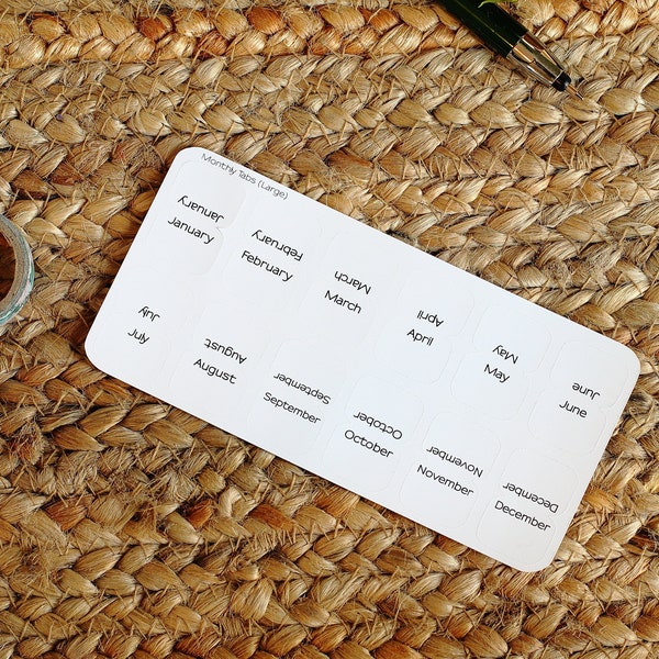 Monthly Tab Planner Stickers:  Attachable Month divider tabs / Bullet journal / self-adhesive / binder tabs / set of 12 months