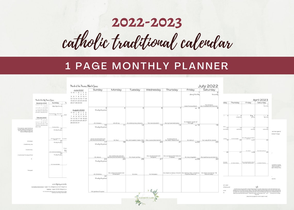 2022-2023 Traditional Catholic Calendar Printable: One Page - Etsy
