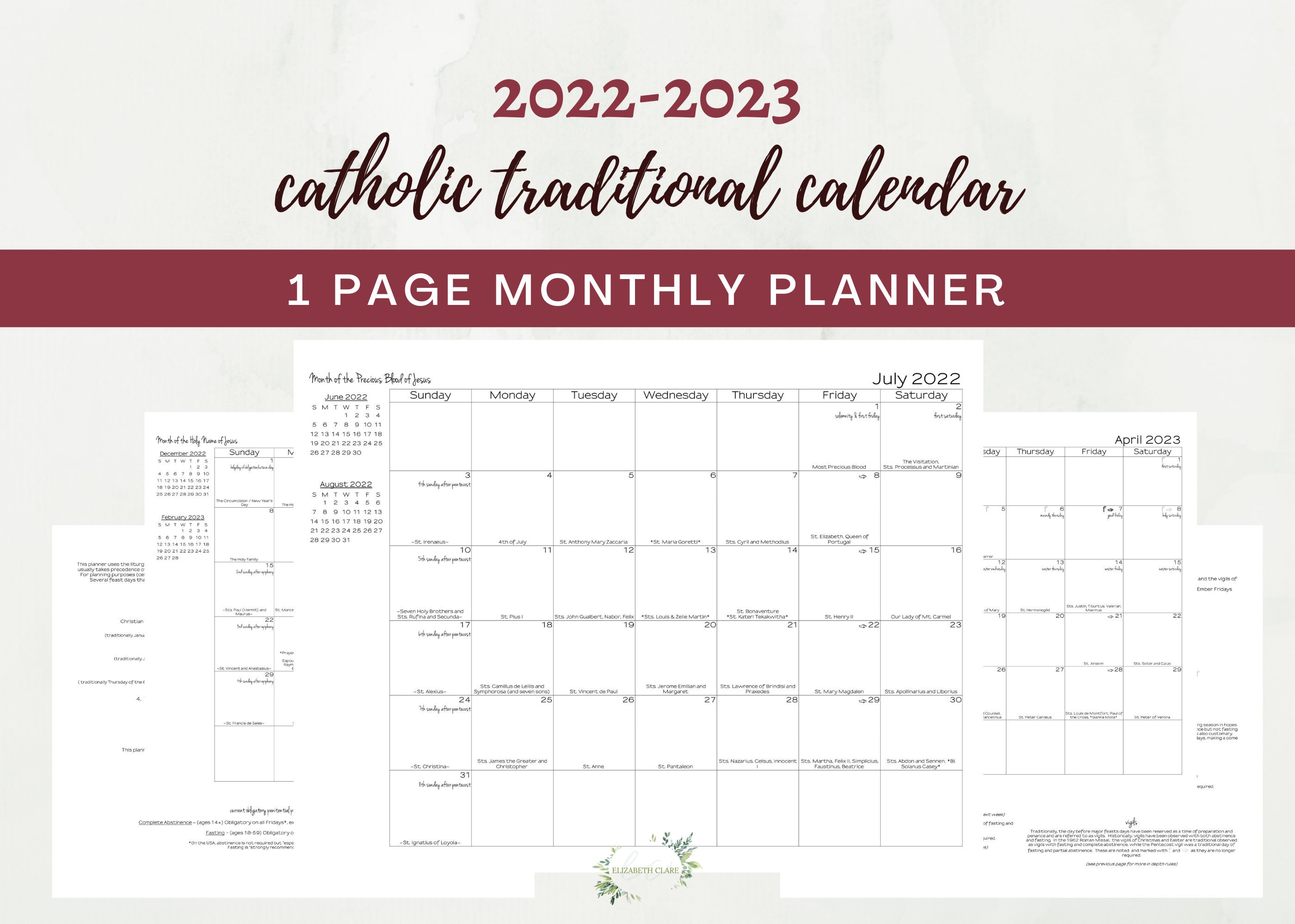 Tridentine Calendar 2023 2022-2023 Traditional Catholic Calendar Printable: One Page | Etsy Canada