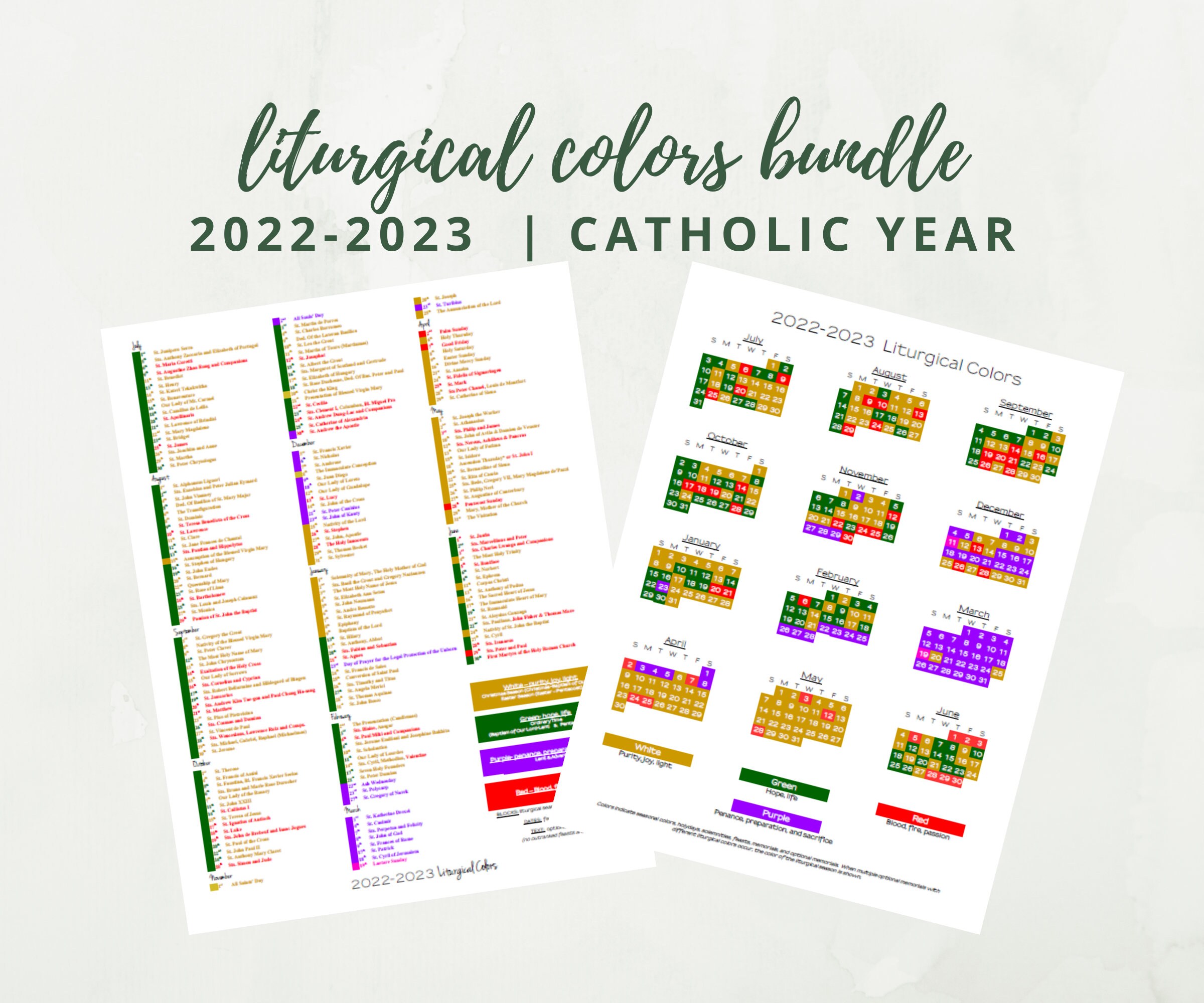 Ical Catholic Calendar 2023 2022-2023 Catholic Liturgical Calendar Year At A Glance: | Etsy