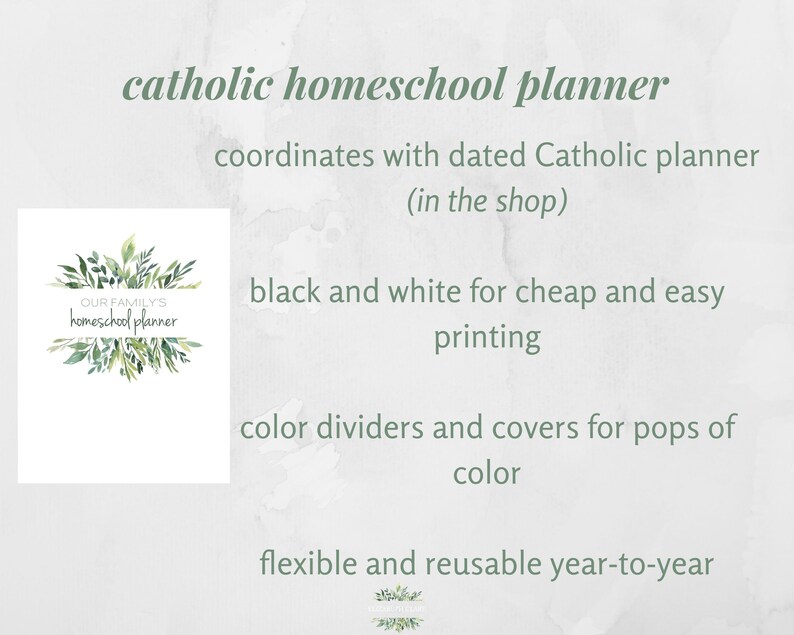 Op de afbeelding: Een printbare katholieke thuisschoolplanner met een aquarelbloemendesign. De planner is zwart-wit voor eenvoudig printen en bevat kleurdividers en omslagen. De tekst "OUR FAMILY'S homeschool planner" staat op de afbeelding.