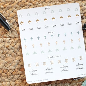 Catholic Planner Stickers Sampler Sheet:  Confession / Fast / Abstinence / Bible Study / Cross / Church / Eucharist / Rosary