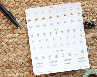 Catholic Planner Stickers Sampler Sheet:  Confession / Fast / Abstinence / Bible Study / Cross / Church / Eucharist / Rosary