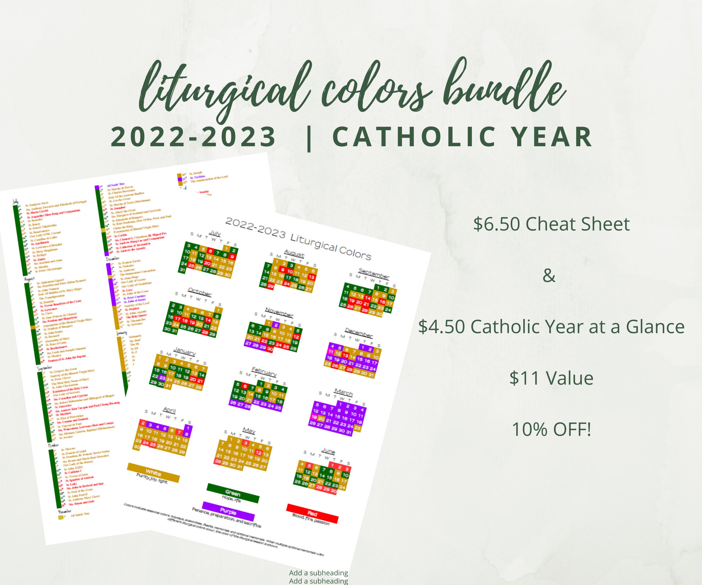 20222023 Catholic Liturgical Calendar Year at a Glance Etsy UK