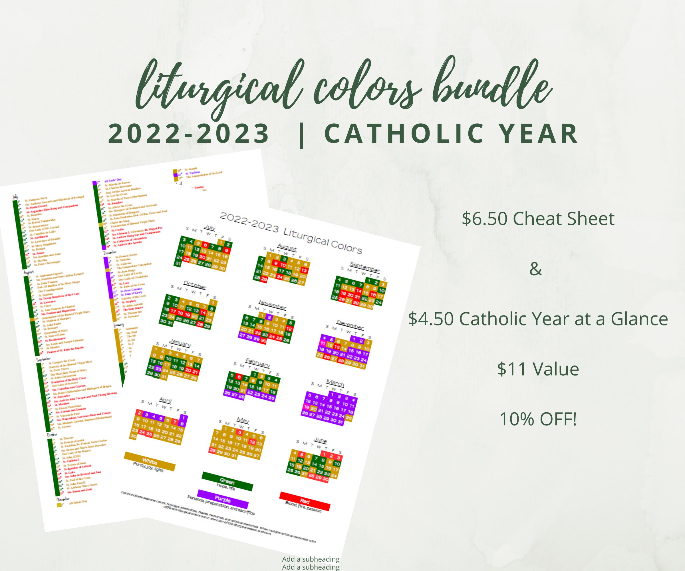 2022 2023 Catholic Liturgical Calendar Year At A Glance Etsy UK