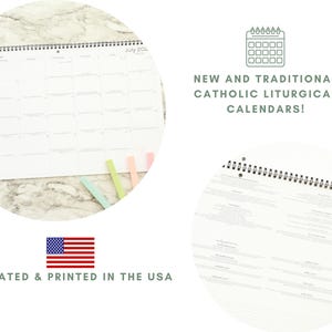 May include: A white Catholic liturgical calendar with a spiral binding, open to July 2024. The text "New and Traditional Catholic Liturgical Calendars!" is displayed. The calendar is created and printed in the USA.