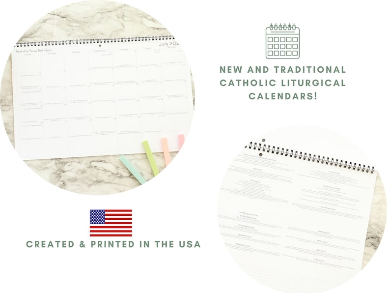 May include: A white Catholic liturgical calendar with a spiral binding, open to July 2024. The text "New and Traditional Catholic Liturgical Calendars!" is displayed. The calendar is created and printed in the USA.