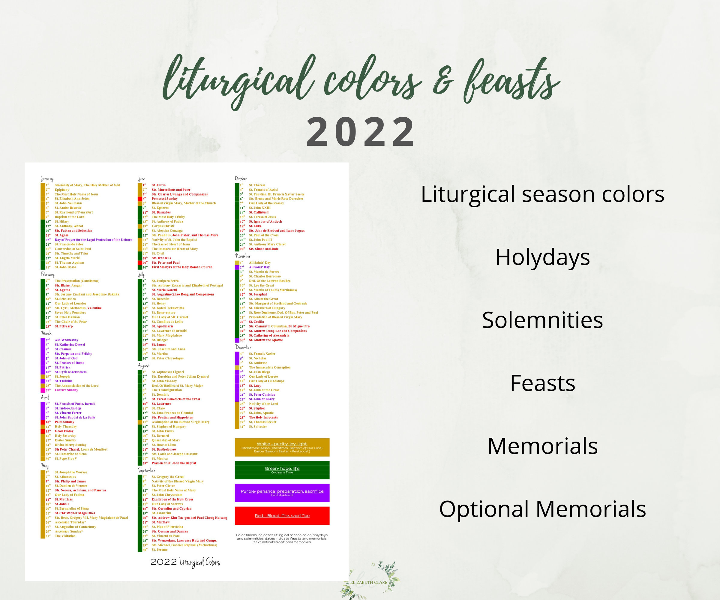 2022 Catholic Liturgical Calendar 1 page Liturgical Color Etsy