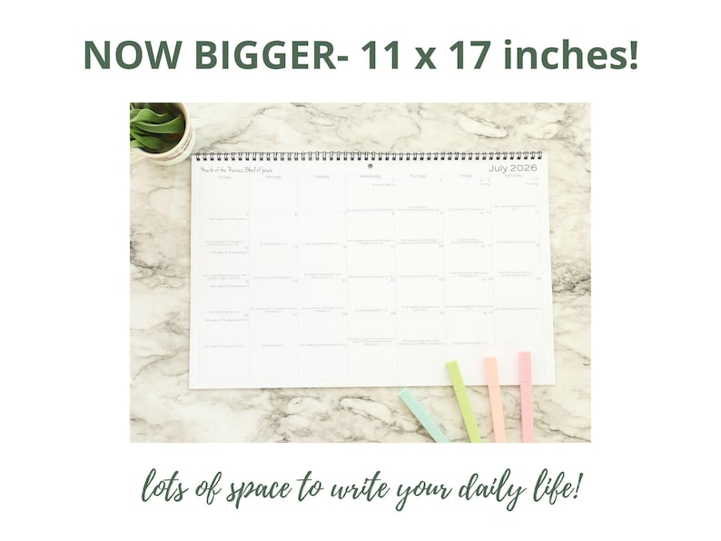 May include: A white 2026 calendar, measuring 11 x 17 inches, with a spiral binding. The calendar has large boxes for each day and includes the text "lots of space to write your daily life!" and "NOW BIGGER-".
