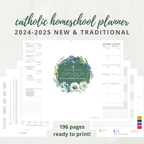 2024-2025 Catholic Homeschool Planner Printable pdf:   Traditional & New Liturgical Homeschool Planner / Dated Lesson Plan Grade Book